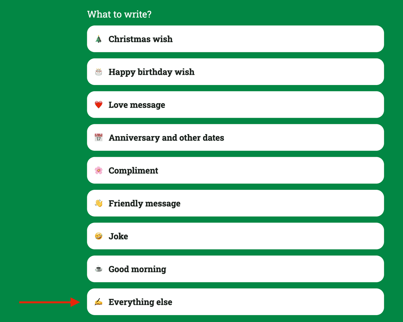 message cases list of the Gifft.me AI message generator highlighting the option “Everything Else”