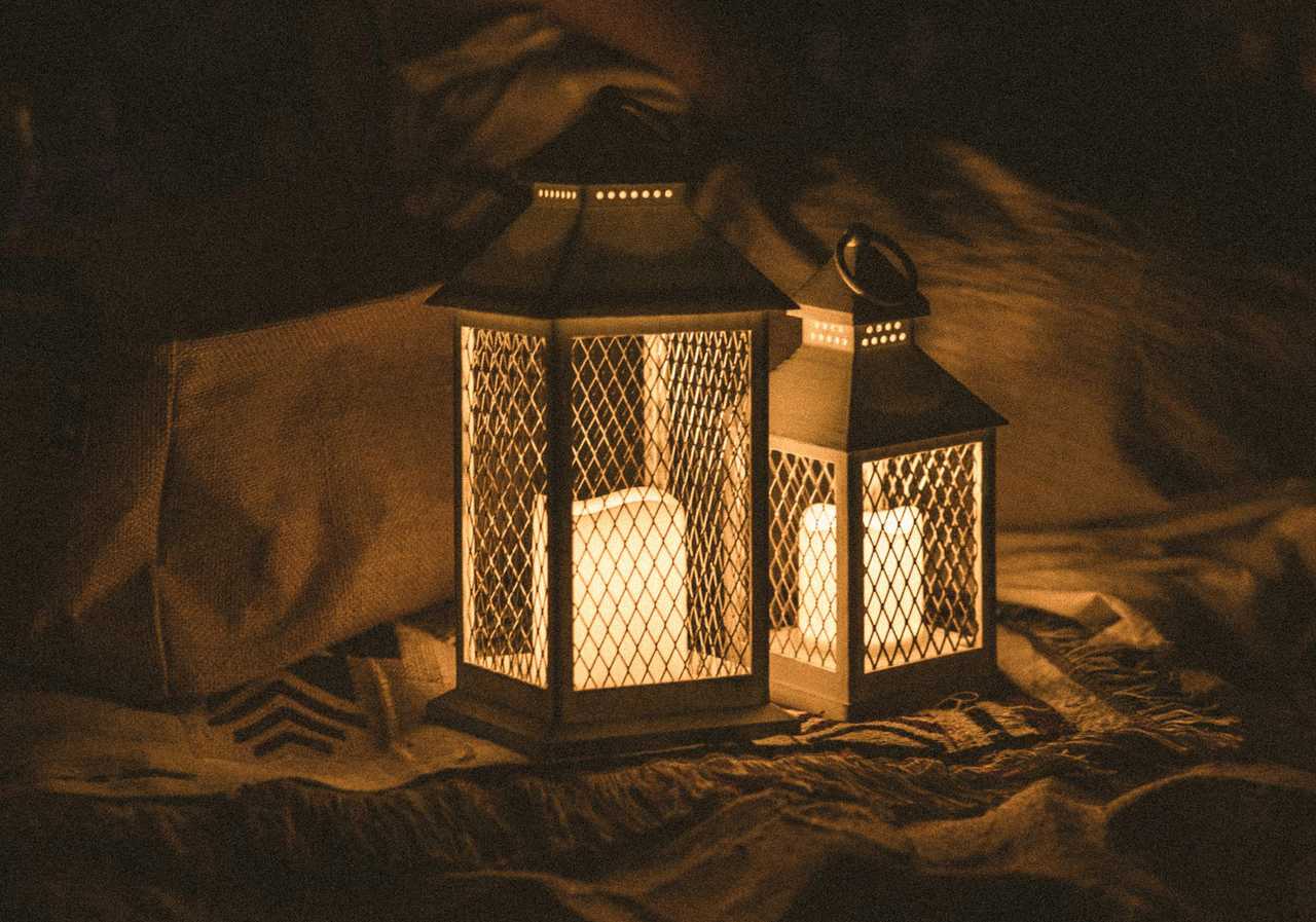 two oil lanterns casting a dimming light in a dark room for how to say happy ramadan