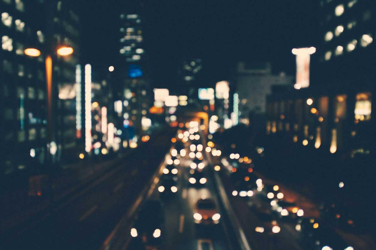 blurred view of a city avenue at night for good night messages