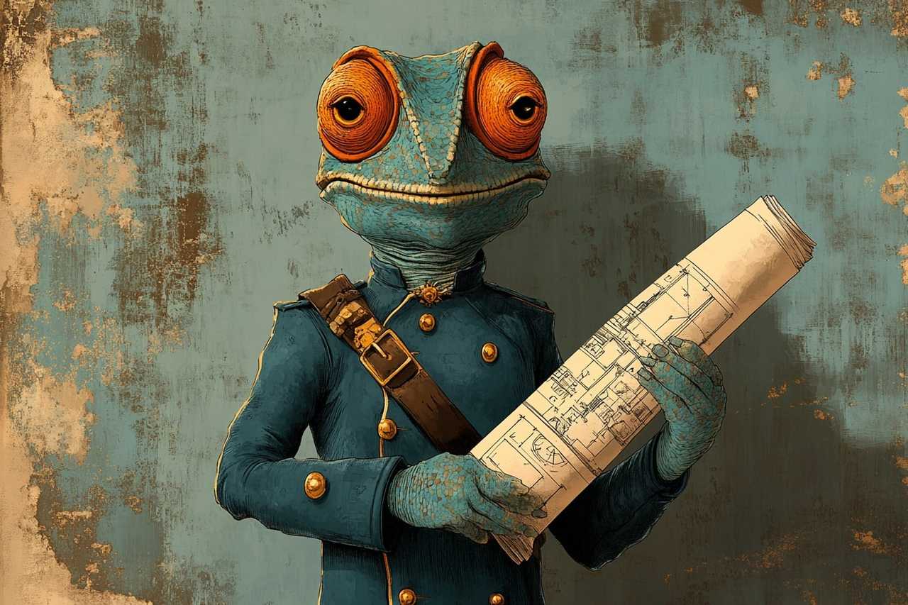 versatile strategist psycho type illustration featuring a lizard wearing a military outfit and holding a paper