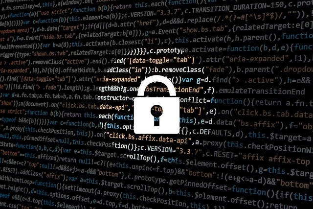 icon of a lock representing privacy and security in the digital age over a black background of code
