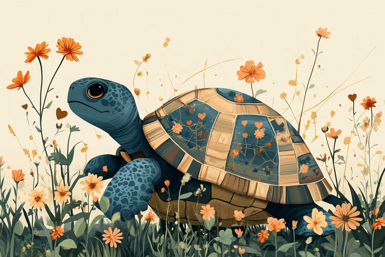 thoughtful gardener psycho type illustration featuring a turtle walking in a flower garden