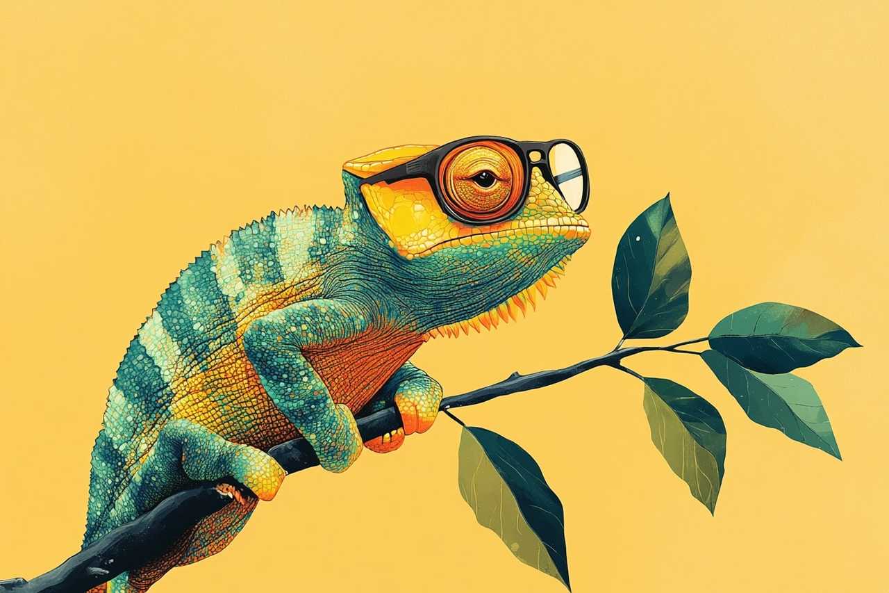 adaptative analyst psycho type illustration featuring a chameleon wearing glasses in a thin branch