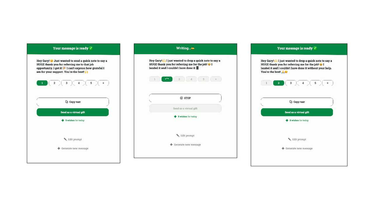 message ready step of the ai thank you letter generator tool