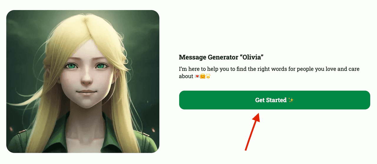 Olivia ai message generator main page and cta