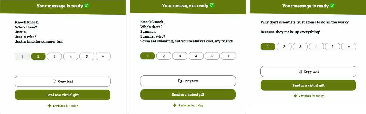 your message is ready screen with 3 examples of ai-generated jokes