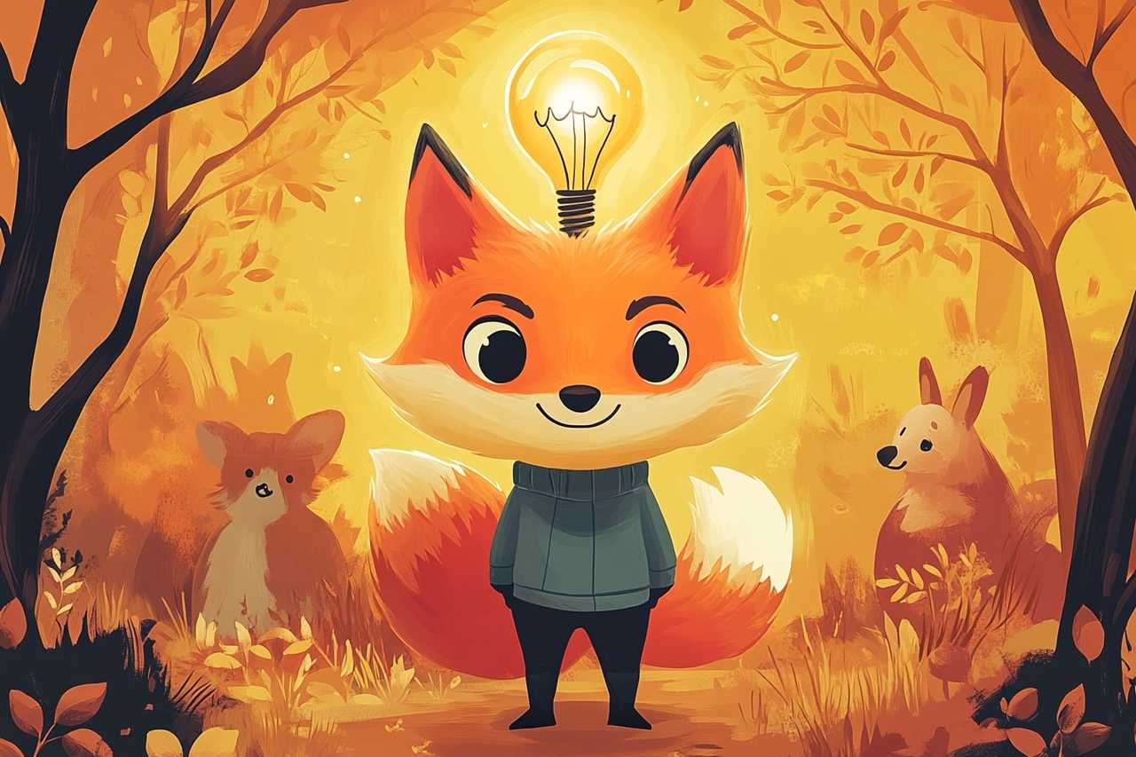 social innovator psycho type illustration featuring a cute fox wearing a sweater in the woods with other foxes and a lamp over their head