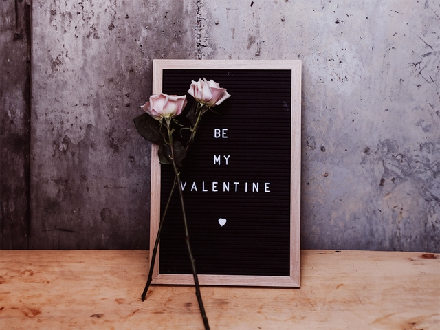two pink flowers standing by a board with valentine wishes