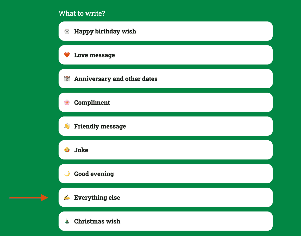 Second step of using the AI message generator with arrow pointing to the everything else option