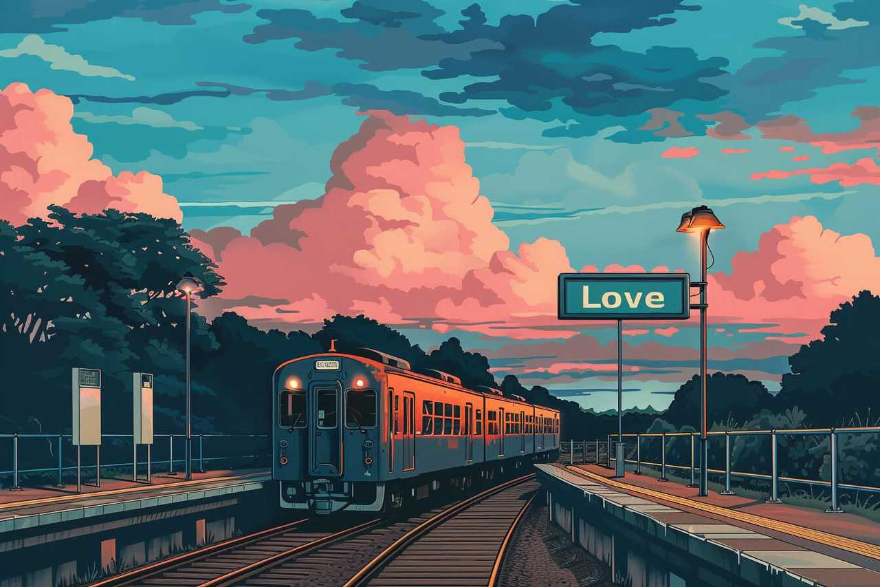 love train station with train coming with trees and a clouded sky in the background