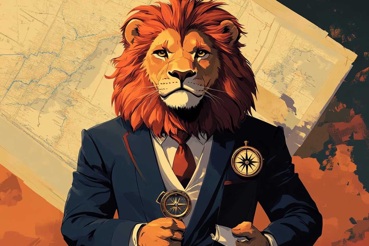 commanding navigator psycho type illustration featuring a lion wearing a suit and a compass