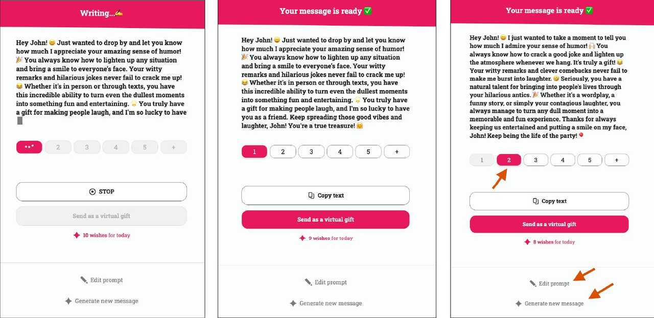 your message is ready interface of the ai compliment generator with compliments made by the tool
