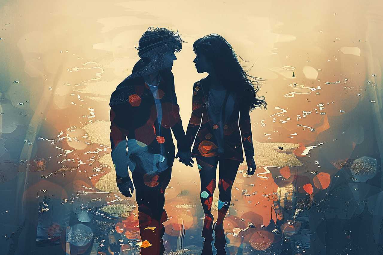 silhouette of a man and a woman holding hands among reflections showing eternal love 