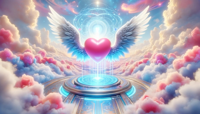  futuristic AI Love Message Generator machine, set in a heavenly environment with light blue and pink clouds