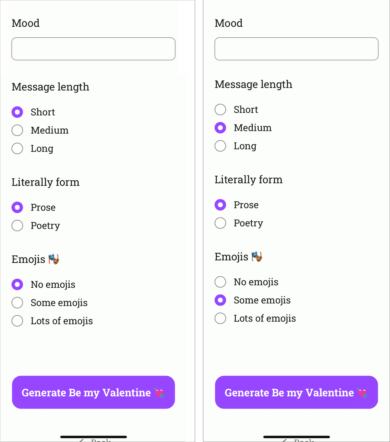 second step of the be my valentine message generator form