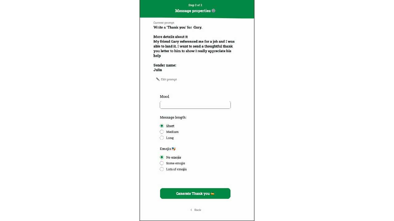 messages settings step of the ai thank you generator