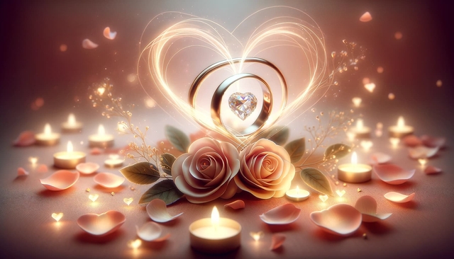 Serene anniversary setting, optimized for 'Happy Anniversary AI Generated Messages'. Features soft blush background, heart-shaped rings with a sparkling diamond detail, ambient candle glow, and scattered rose petals, ideal for AI personalized anniversary wishes