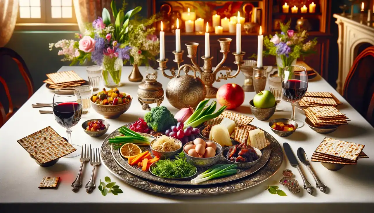 passover table with glass of wine for a happy passover greeting