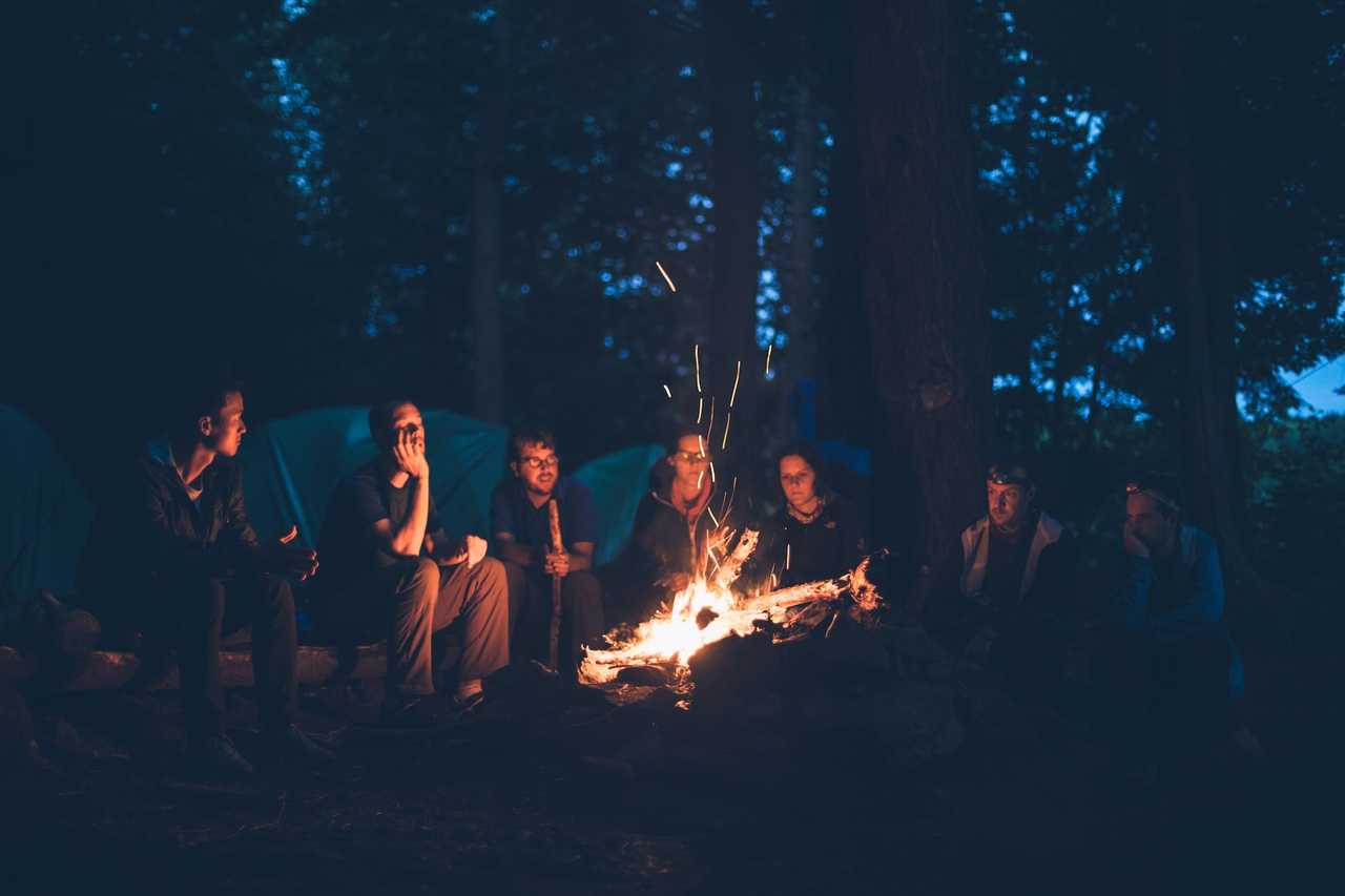 friends sitting by a fire in the woods exchanging good night messages friends