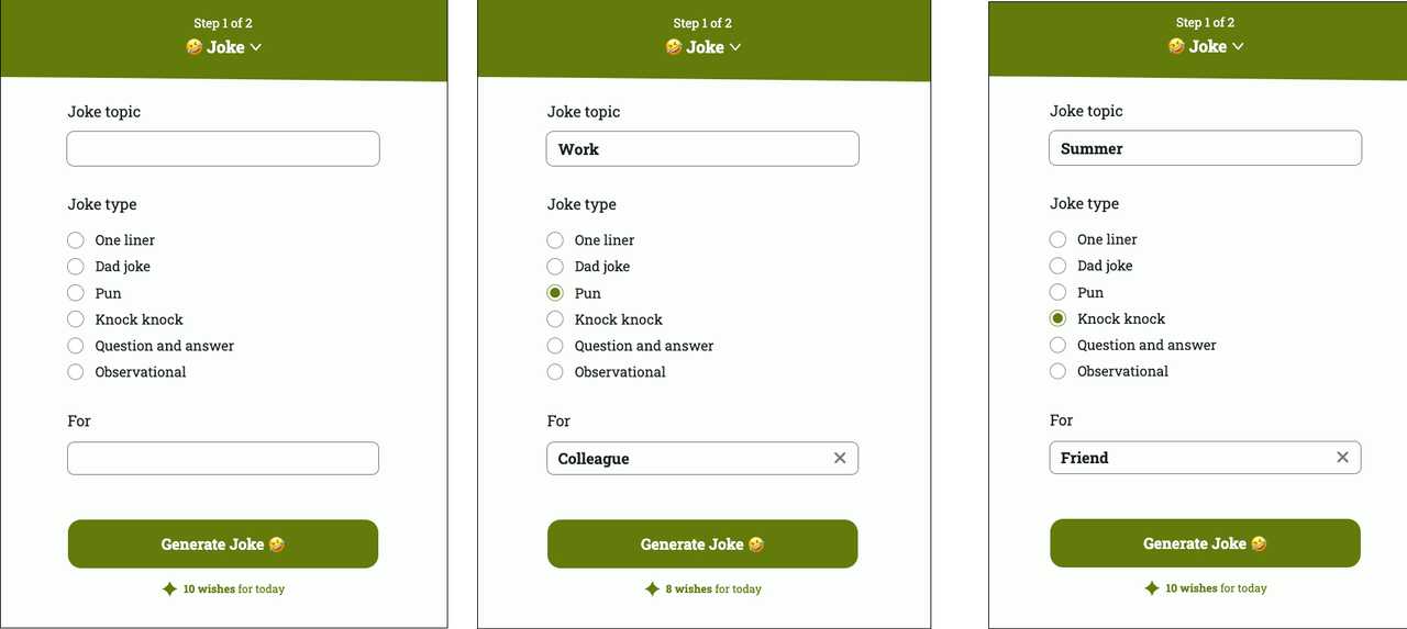 joke ai generator form with 2 examples as summer jokes and work jokes